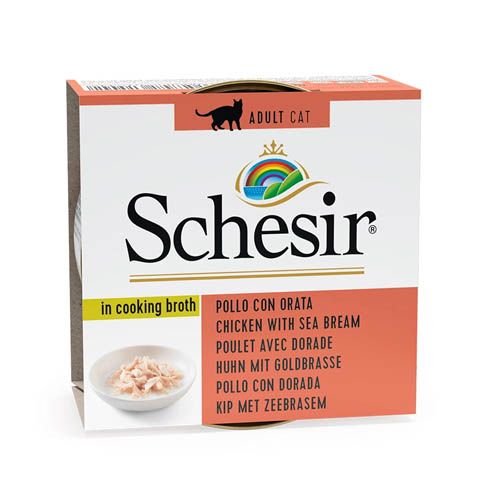 Schesir Gato Filete de Pollo y Dorada en caldo (Scatolette)